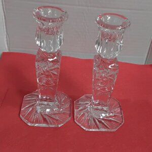Ofnah Lead Crystal Candle Holder Set Of 2 Clear Etched Made In Poland 6” Tall